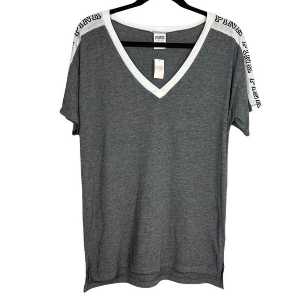 Victoria's Secret PINK Gray V-Neck‎ T-Shirt Logo Sleeve XS NWT